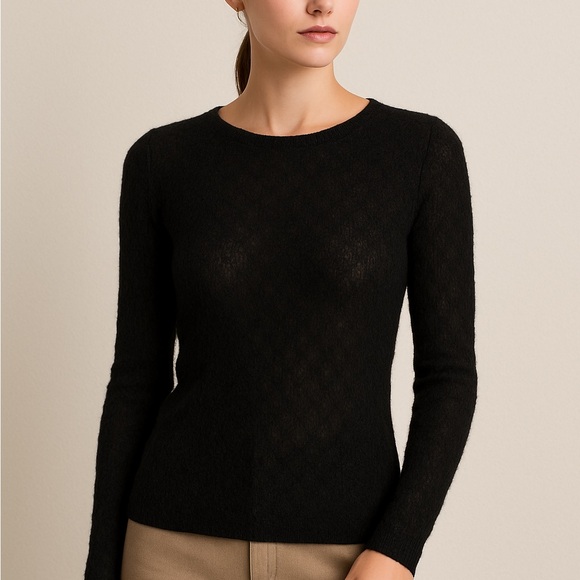 Neyra Collection sweater lightweight baby alpaca open knit crewneck black S - Picture 2 of 10